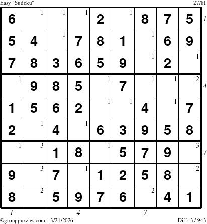 The grouppuzzles.com Easy Sudoku puzzle for Saturday March 21, 2026, suitable for printing, with all 3 steps marked
