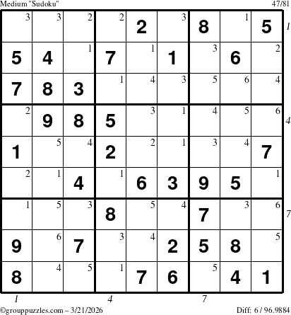 The grouppuzzles.com Medium Sudoku puzzle for Saturday March 21, 2026 with all 6 steps marked