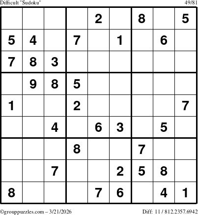 The grouppuzzles.com Difficult Sudoku puzzle for Saturday March 21, 2026