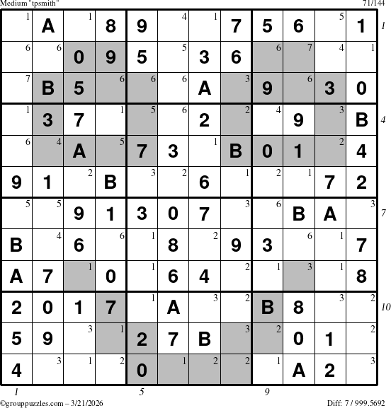 The grouppuzzles.com Medium tpsmith puzzle for Saturday March 21, 2026, suitable for printing, with all 7 steps marked