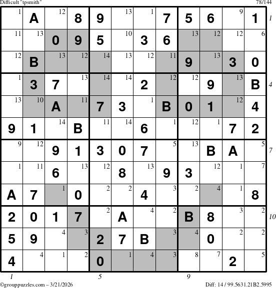 The grouppuzzles.com Difficult tpsmith puzzle for Saturday March 21, 2026, suitable for printing, with all 14 steps marked