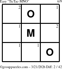The grouppuzzles.com Easy TicTac-MNO puzzle for Saturday March 21, 2026 with the first 2 steps marked
