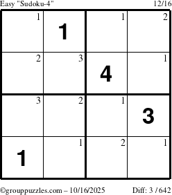 The grouppuzzles.com Easy Sudoku-4 puzzle for Thursday October 16, 2025 with the first 3 steps marked