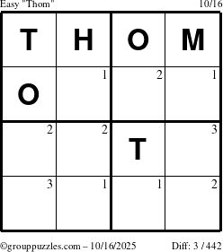 The grouppuzzles.com Easy Thom puzzle for Thursday October 16, 2025 with the first 3 steps marked