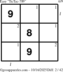 The grouppuzzles.com Easy TicTac-789 puzzle for Thursday October 16, 2025 with all 2 steps marked