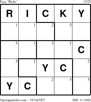 The grouppuzzles.com Easy Ricky puzzle for Thursday October 16, 2025 with the first 3 steps marked