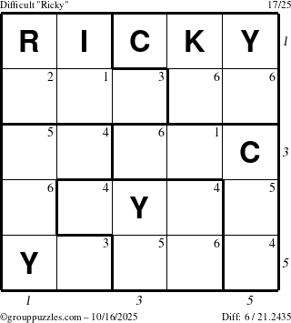 The grouppuzzles.com Difficult Ricky puzzle for Thursday October 16, 2025, suitable for printing, with all 6 steps marked