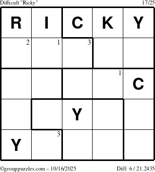 The grouppuzzles.com Difficult Ricky puzzle for Thursday October 16, 2025 with the first 3 steps marked