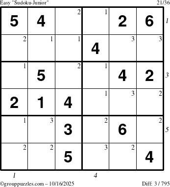 The grouppuzzles.com Easy Sudoku-Junior puzzle for Thursday October 16, 2025 with all 3 steps marked