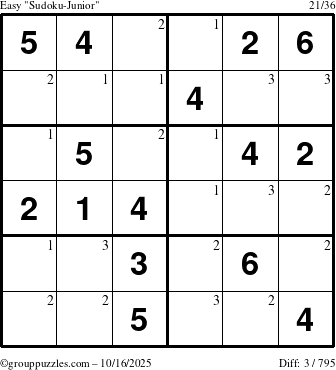 The grouppuzzles.com Easy Sudoku-Junior puzzle for Thursday October 16, 2025 with the first 3 steps marked