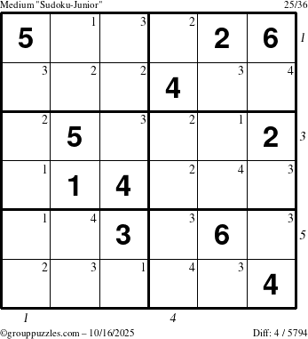 The grouppuzzles.com Medium Sudoku-Junior puzzle for Thursday October 16, 2025 with all 4 steps marked