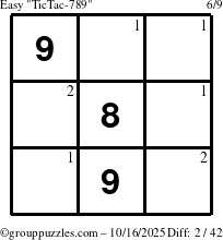 The grouppuzzles.com Easy TicTac-789 puzzle for Thursday October 16, 2025 with the first 2 steps marked