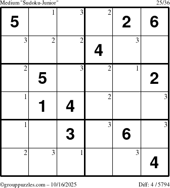 The grouppuzzles.com Medium Sudoku-Junior puzzle for Thursday October 16, 2025 with the first 3 steps marked