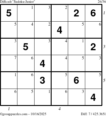 The grouppuzzles.com Difficult Sudoku-Junior puzzle for Thursday October 16, 2025 with all 7 steps marked