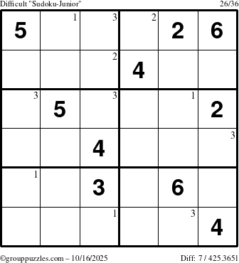 The grouppuzzles.com Difficult Sudoku-Junior puzzle for Thursday October 16, 2025 with the first 3 steps marked
