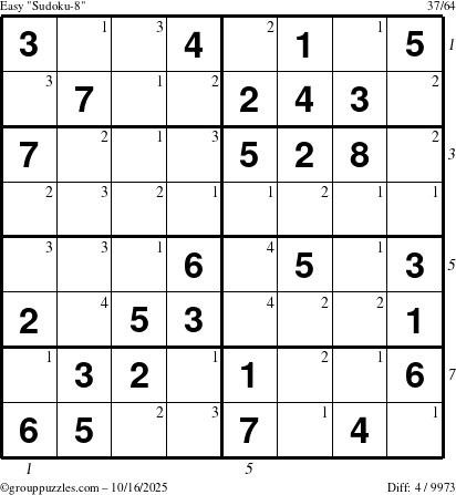 The grouppuzzles.com Easy Sudoku-8 puzzle for Thursday October 16, 2025, suitable for printing, with all 4 steps marked