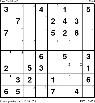The grouppuzzles.com Easy Sudoku-8 puzzle for Thursday October 16, 2025 with the first 3 steps marked