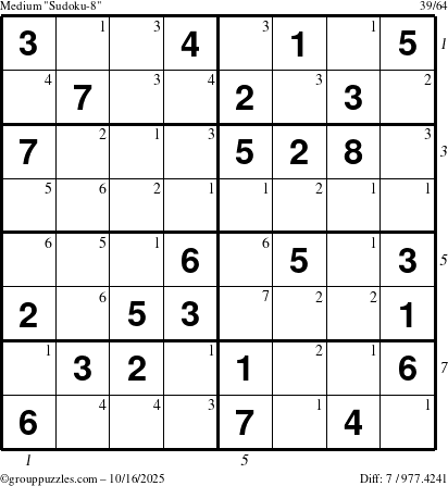 The grouppuzzles.com Medium Sudoku-8 puzzle for Thursday October 16, 2025 with all 7 steps marked