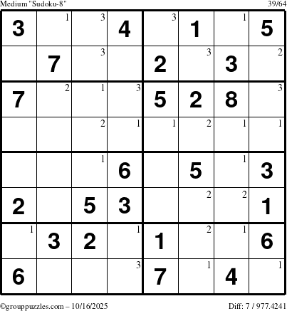 The grouppuzzles.com Medium Sudoku-8 puzzle for Thursday October 16, 2025 with the first 3 steps marked