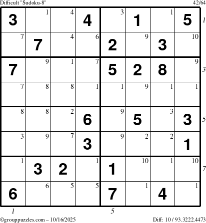 The grouppuzzles.com Difficult Sudoku-8 puzzle for Thursday October 16, 2025, suitable for printing, with all 10 steps marked