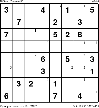 The grouppuzzles.com Difficult Sudoku-8 puzzle for Thursday October 16, 2025 with the first 3 steps marked
