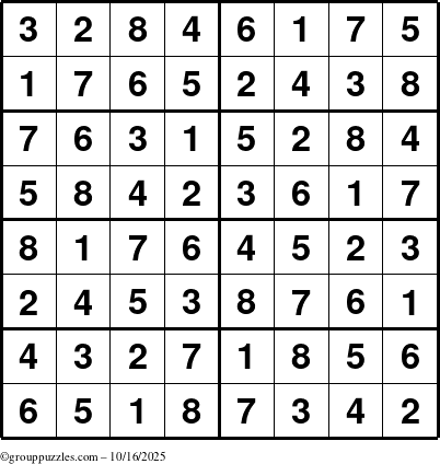 The grouppuzzles.com Answer grid for the Sudoku-8 puzzle for Thursday October 16, 2025