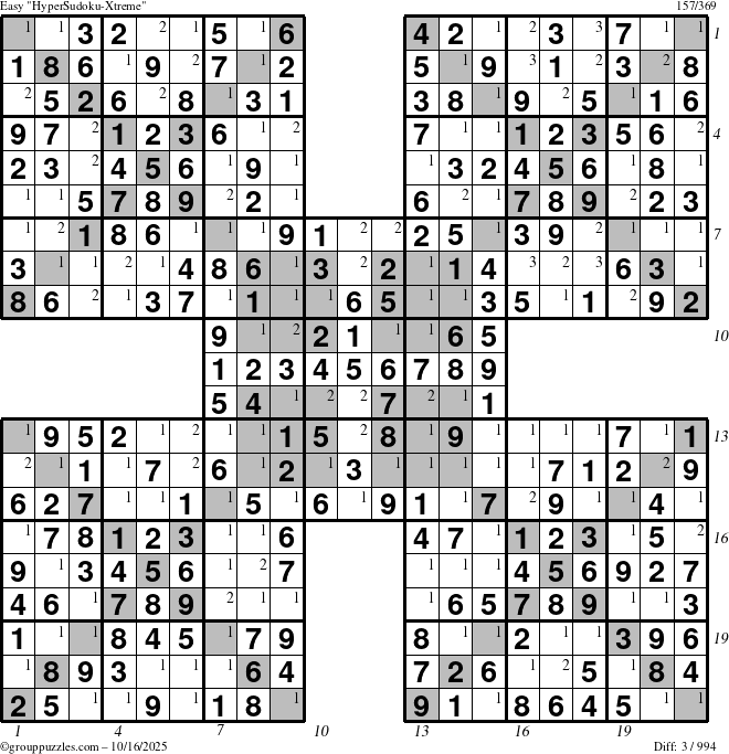 The grouppuzzles.com Easy cover-HyperXtreme puzzle for Thursday October 16, 2025, suitable for printing, with all 3 steps marked