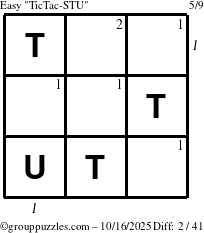 The grouppuzzles.com Easy TicTac-STU puzzle for Thursday October 16, 2025 with all 2 steps marked