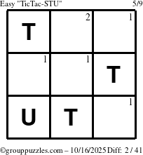 The grouppuzzles.com Easy TicTac-STU puzzle for Thursday October 16, 2025 with the first 2 steps marked