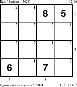 The grouppuzzles.com Easy Sudoku-4-5678 puzzle for Friday September 27, 2024, suitable for printing, with all 3 steps marked