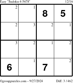 The grouppuzzles.com Easy Sudoku-4-5678 puzzle for Friday September 27, 2024 with the first 3 steps marked