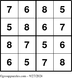 The grouppuzzles.com Answer grid for the Sudoku-4-5678 puzzle for Friday September 27, 2024