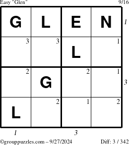 The grouppuzzles.com Easy Glen puzzle for Friday September 27, 2024 with all 3 steps marked