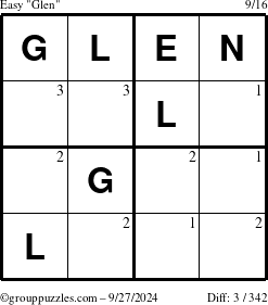 The grouppuzzles.com Easy Glen puzzle for Friday September 27, 2024 with the first 3 steps marked