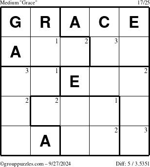 The grouppuzzles.com Medium Grace puzzle for Friday September 27, 2024 with the first 3 steps marked