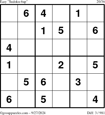 The grouppuzzles.com Easy Sudoku-6up puzzle for Friday September 27, 2024