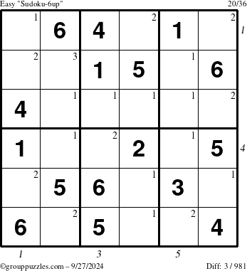 The grouppuzzles.com Easy Sudoku-6up puzzle for Friday September 27, 2024, suitable for printing, with all 3 steps marked