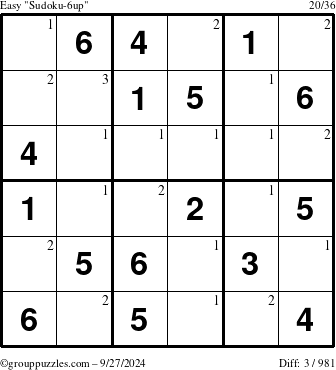 The grouppuzzles.com Easy Sudoku-6up puzzle for Friday September 27, 2024 with the first 3 steps marked