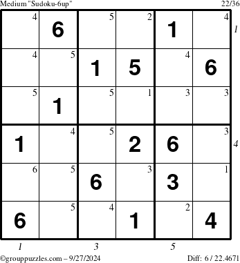 The grouppuzzles.com Medium Sudoku-6up puzzle for Friday September 27, 2024 with all 6 steps marked