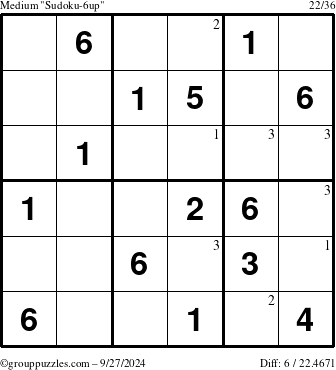 The grouppuzzles.com Medium Sudoku-6up puzzle for Friday September 27, 2024 with the first 3 steps marked