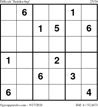 The grouppuzzles.com Difficult Sudoku-6up puzzle for Friday September 27, 2024