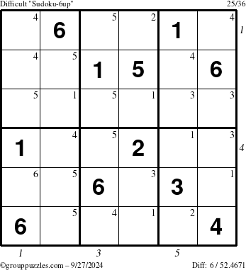 The grouppuzzles.com Difficult Sudoku-6up puzzle for Friday September 27, 2024 with all 6 steps marked