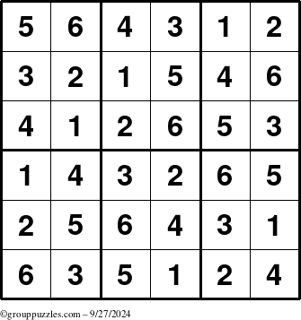 The grouppuzzles.com Answer grid for the Sudoku-6up puzzle for Friday September 27, 2024