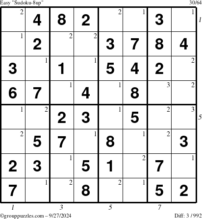 The grouppuzzles.com Easy Sudoku-8up puzzle for Friday September 27, 2024 with all 3 steps marked