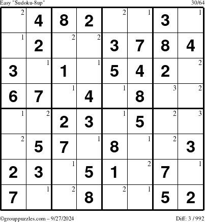 The grouppuzzles.com Easy Sudoku-8up puzzle for Friday September 27, 2024 with the first 3 steps marked