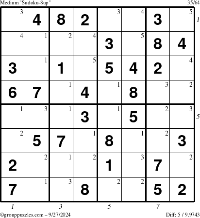 The grouppuzzles.com Medium Sudoku-8up puzzle for Friday September 27, 2024 with all 5 steps marked