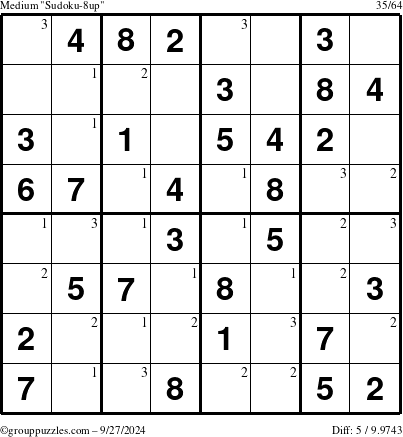 The grouppuzzles.com Medium Sudoku-8up puzzle for Friday September 27, 2024 with the first 3 steps marked