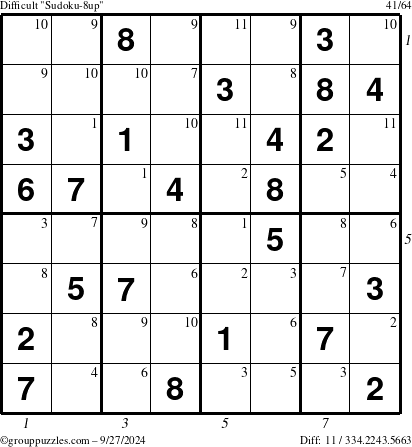 The grouppuzzles.com Difficult Sudoku-8up puzzle for Friday September 27, 2024 with all 11 steps marked