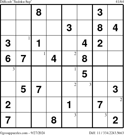 The grouppuzzles.com Difficult Sudoku-8up puzzle for Friday September 27, 2024 with the first 3 steps marked