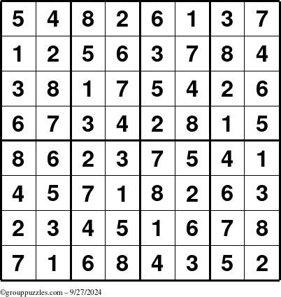 The grouppuzzles.com Answer grid for the Sudoku-8up puzzle for Friday September 27, 2024